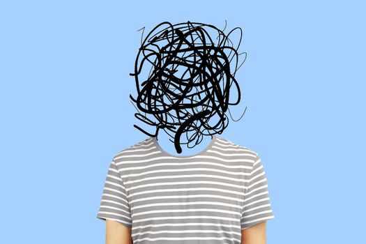Frustrated man with nervous problem feel anxiety and confusion of thoughts. Mental disorder and chaos in consciousness. Indoor studio shot isolated on blue background