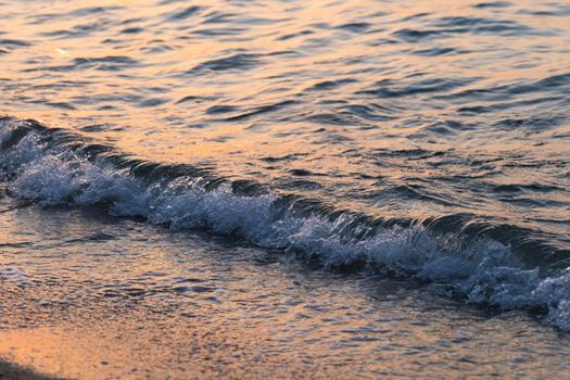 Sea wave splashes close up. Ripple sea ocean water surface with golden sunset light.