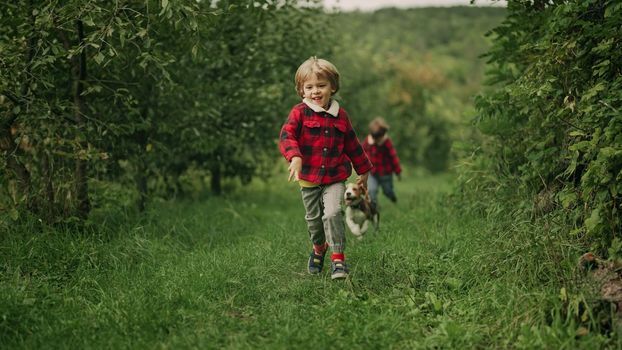 Happy kids running together with beagle puppy in green garden. Smiling brothers, stylish boys having fun with dog, playing outdoors. Friendship, family, twins, childhood concept. High 4k footage