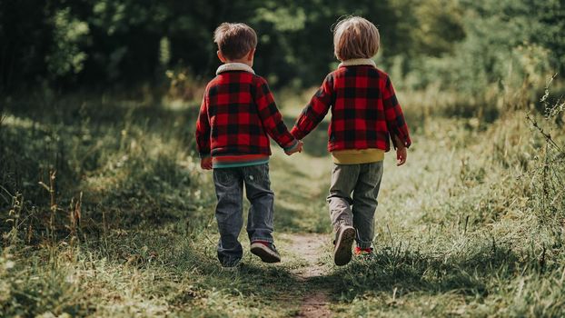 Cute kids walking together holding hands in autumn park. Smiling brothers, stylish boys having fun, playing outdoors. Friendship, family, twins, childhood concept. High quality photo