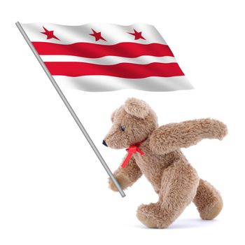 A Washington DC flag being carried by a cute teddy bear