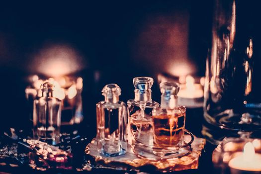 Perfumery, cosmetic branding and spa concept - Perfume bottles and vintage fragrance at night, aroma scent, fragrant cosmetics and eau de toilette as luxury beauty brand, holiday fashion parfum design