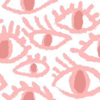 Seamless hand drawn pattern with pink evil third eye, traditional ethnic evil protection background. Pastel open eye eyelashes, boho bohemian trendy fabric print