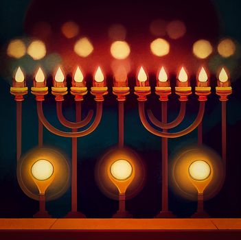 illustration of jewish holiday Hanukkah background with menorah and burning candles. Hanukkah celebration