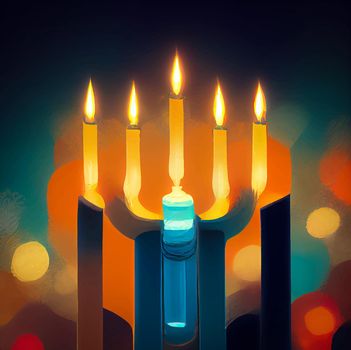 illustration of jewish holiday Hanukkah background with menorah and burning candles. Hanukkah celebration