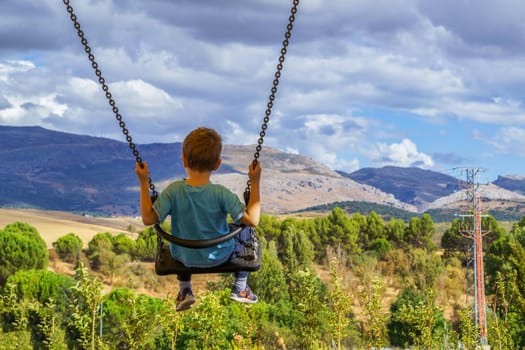 child with unrecognizable back swinging with a cloudy landscape in the background