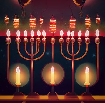 illustration of jewish holiday Hanukkah background with menorah and burning candles. Hanukkah celebration