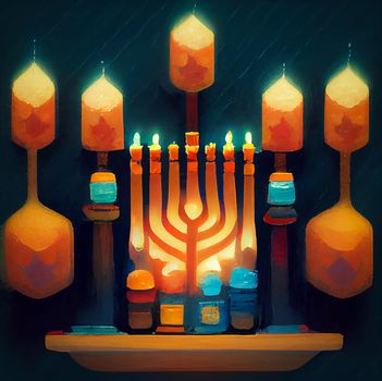 illustration of jewish holiday Hanukkah background with menorah and burning candles. Hanukkah celebration