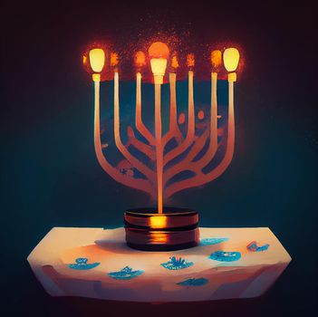 illustration of jewish holiday Hanukkah background with menorah and burning candles. Hanukkah celebration