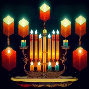 illustration of jewish holiday Hanukkah background with menorah and burning candles. Hanukkah celebration