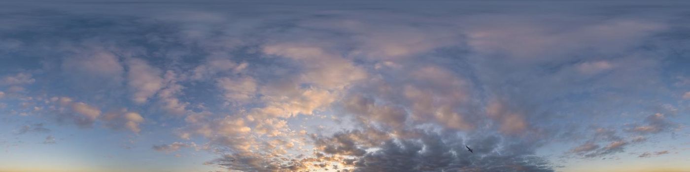 Dark blue sunset sky panorama with pink Cumulus clouds. Seamless hdr 360 pano in spherical equirectangular format. Full zenith for 3D visualization, game, sky replacement for aerial drone panoramas