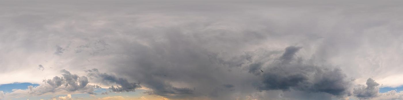 Sky panorama on overcast rainy day with low clouds in seamless spherical equirectangular format. Complete zenith for use in 3D graphics, game and for aerial drone 360 degree panorama as a sky dome.