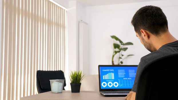 Business person working on his laptop looking at chart data in his living room