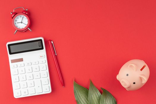 White calculator with a pen, alarm clock, with a pig piggy bank and green leaves on a red background. Top view.