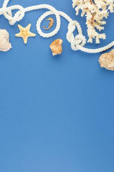 Corals with starfish on blue background. Photo top view with copy space. Concept of beach holiday on the coast. Marine rope with seahorse. Flat lay.