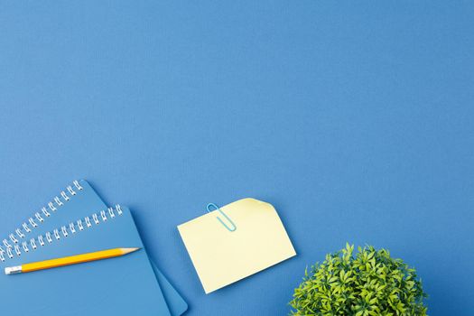 Spiral notebook with pencil, note sheet, paper clip and plant with green leaves on blue isolated background. Office concept. Top view.