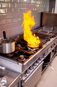 Chef making flambe fois gras in restaurant kitchen