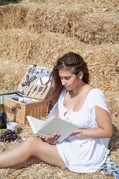 Picnic in countryside. Young woman in white dress sitting on haystack in harvested field, reading blank book. Book mockup