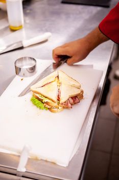 Chef making sandwich in rustic style with bacon and fresh vegetables.Delicious food