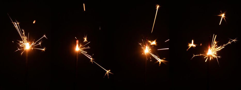 Set of burning sparkler with sparks on black background for overlay blending mode.