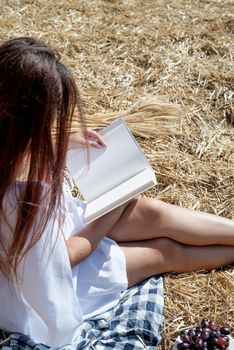 Picnic in countryside. Young woman in white dress sitting on haystack in harvested field, reading blank book. Book mockup
