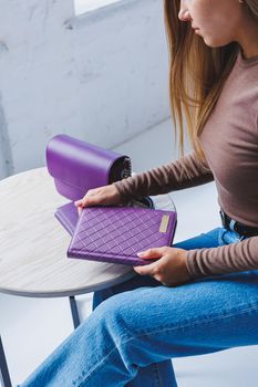 Notebook for business notes of purple color. Women's case notebook