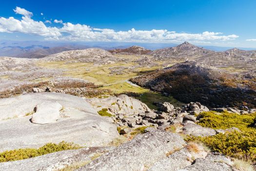 View of Cathedral Rock formation near The Hump at Mt Buffalo on a summer's afternoon in the Victorian Alps, Australia