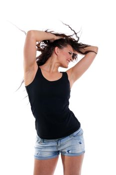 Beauty young Woman dance with curly hair - casual dress isolated