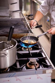 Chef fries fois gras in stove, Cook making delicious food