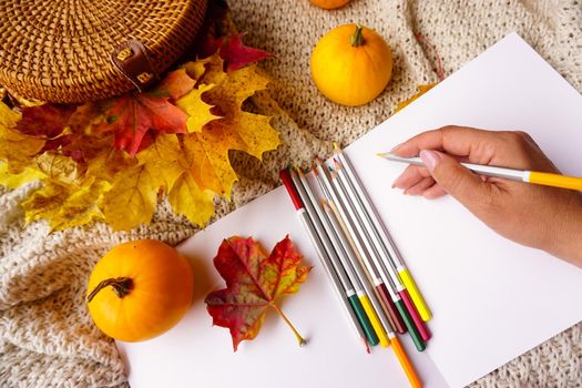 A woman draws in an album with watercolor pencils. High quality photo