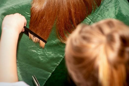 A hairdresser does a haircut and combes the long hair of a brunette woman in a beauty salon