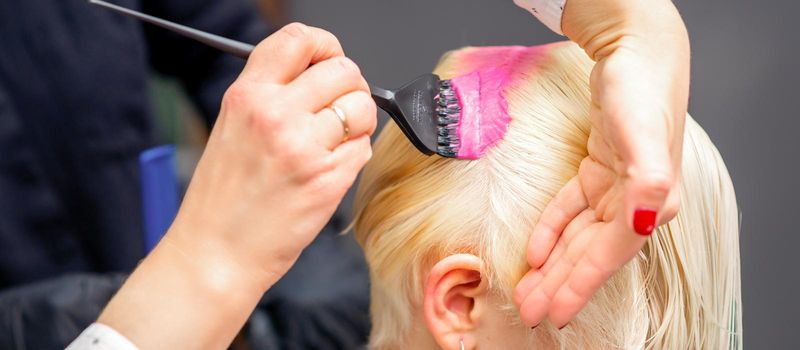 Applying pink dye with the brush on the white hair of a young blonde woman in a hairdresser salon