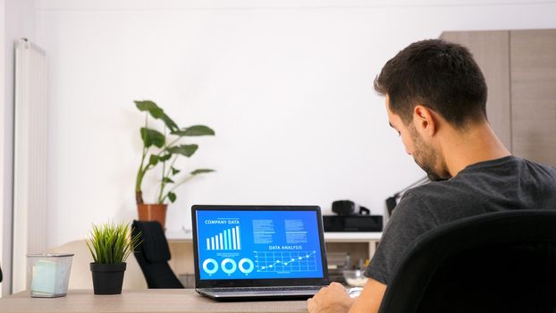 Business person working on his laptop looking at chart data in his living room