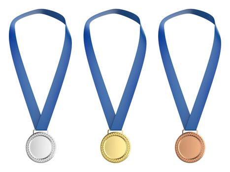 Set of gold, silver and bronze medals, isolated on white background