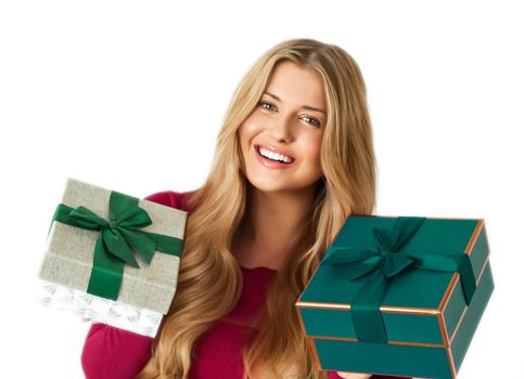 Christmas gifts and holiday presents, happy woman holding gift boxes isolated on white background, portrait