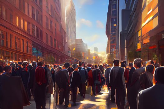 crowd of office suit wearing people walking to work at downtown street, neural network generated art. Digitally generated image. Not based on any actual scene or pattern.