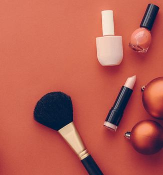 Cosmetic branding, fashion blog cover and girly glamour concept - Make-up and cosmetics product set for beauty brand Christmas sale promotion, vintage orange flatlay background as holiday design