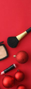 Cosmetic branding, fashion blog cover and girly glamour concept - Make-up and cosmetics product set for beauty brand Christmas sale promotion, luxury red flatlay background as holiday design