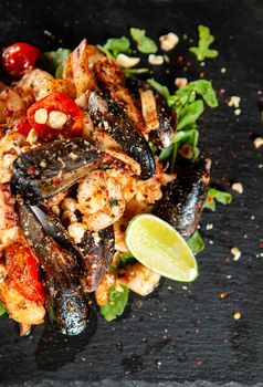Delicious seafood with spicy sos.Mediterranean fine cuisine