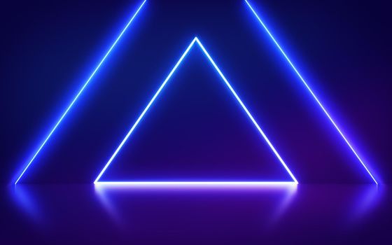 Neon triangular portal on abstract fashion background, glowing lines, triangle, Virtual reality, violet neon lights, Laser show. Poster graphics.