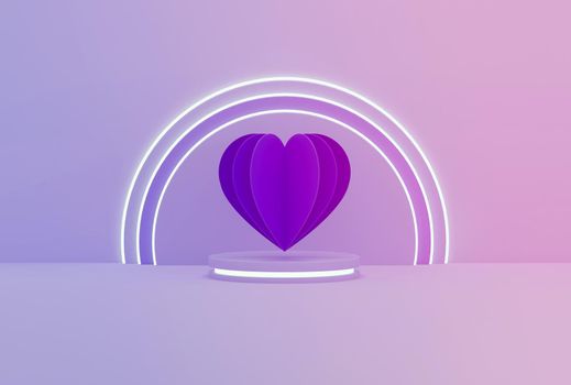 Paper heart on neon platform gradient background. 3D illustration.