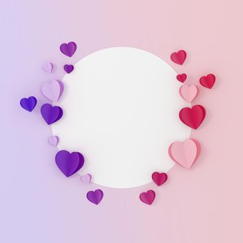 Circular gift card and paper hearts around on a gradient background. 3D illustration.