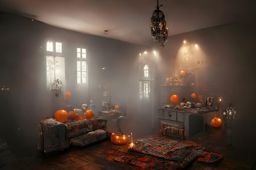 halloween decorated home interior with costumed figures and smoke or fog, neural network generated art. Digitally generated image. Not based on any actual scene or pattern.