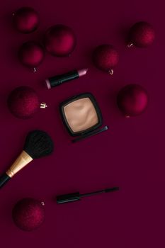 Cosmetic branding, fashion blog cover and girly glamour concept - Make-up and cosmetics product set for beauty brand Christmas sale promotion, luxury burgundy flatlay background as holiday design