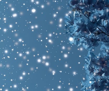 Magical, branding and festive concept - Christmas, New Years blue floral nature background, holiday card design, flower tree and snow glitter as winter season sale backdrop for luxury beauty brand