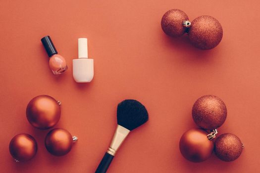 Cosmetic branding, fashion blog cover and girly glamour concept - Make-up and cosmetics product set for beauty brand Christmas sale promotion, vintage orange flatlay background as holiday design