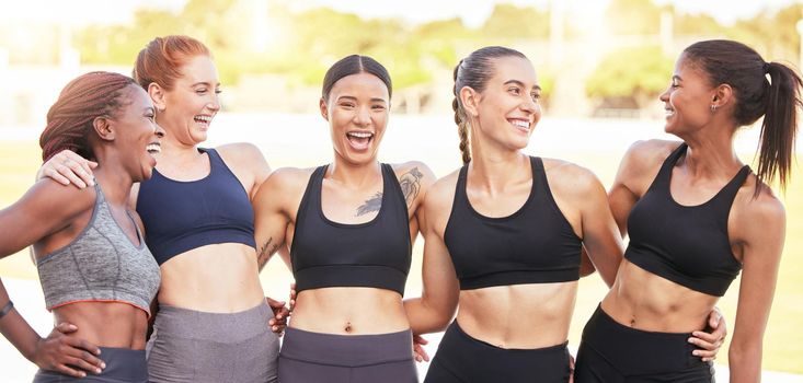 Sports, fitness and exercise with woman friends laughing and joking after a workout or training outdoor. Health, wellness and motivation with a female group getting health and strong together outside.