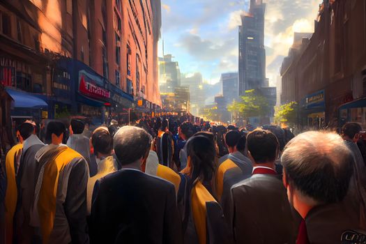 crowd of office suit wearing people walking to work at downtown street, neural network generated art. Digitally generated image. Not based on any actual scene or pattern.