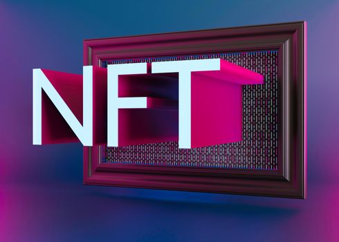 NFT, non fungible token. Creation of digital, crypto art, sale on NFT marketplace. Selling games characters, blockchain assets and digital artwork. Future, cryptocurrencies and e-commerce. 3d render