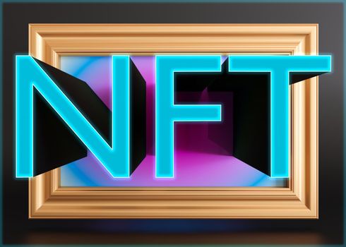 NFT, non fungible token. Creation of digital, crypto art, sale on NFT marketplace. Selling games characters, blockchain assets and digital artwork. Future, cryptocurrencies and e-commerce. 3d render